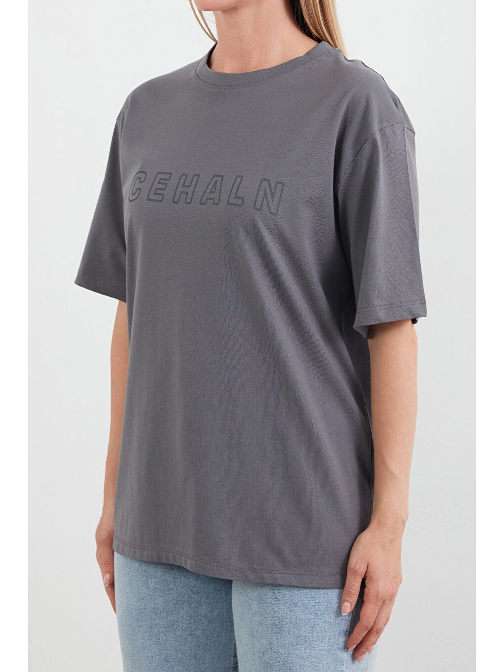 Antrasit Cehaln Yazı Baskılı Oversize Tişört-4