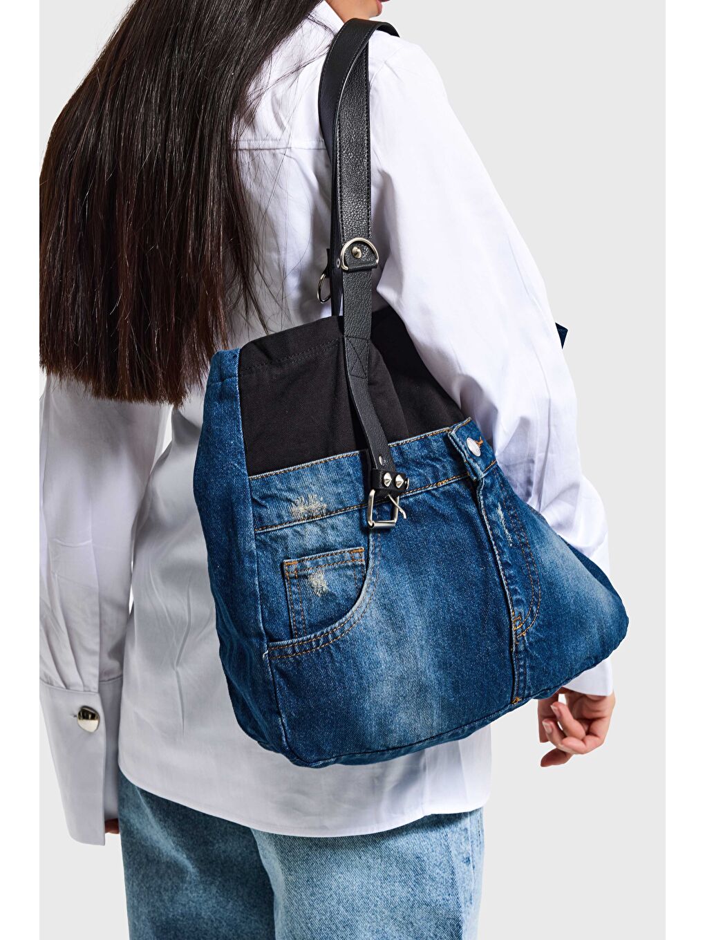 Mavi Jean Rengi Deri Askılı Özel Tasarım Denim Çanta-3