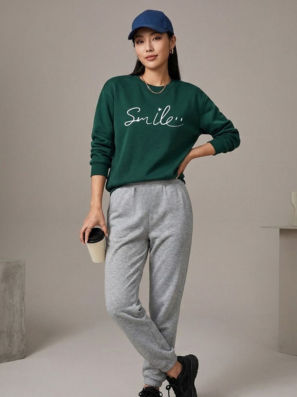 Karışık Nefti Gri Smile Baskılı Oversize Alt Üst Eşofman Takımı-1