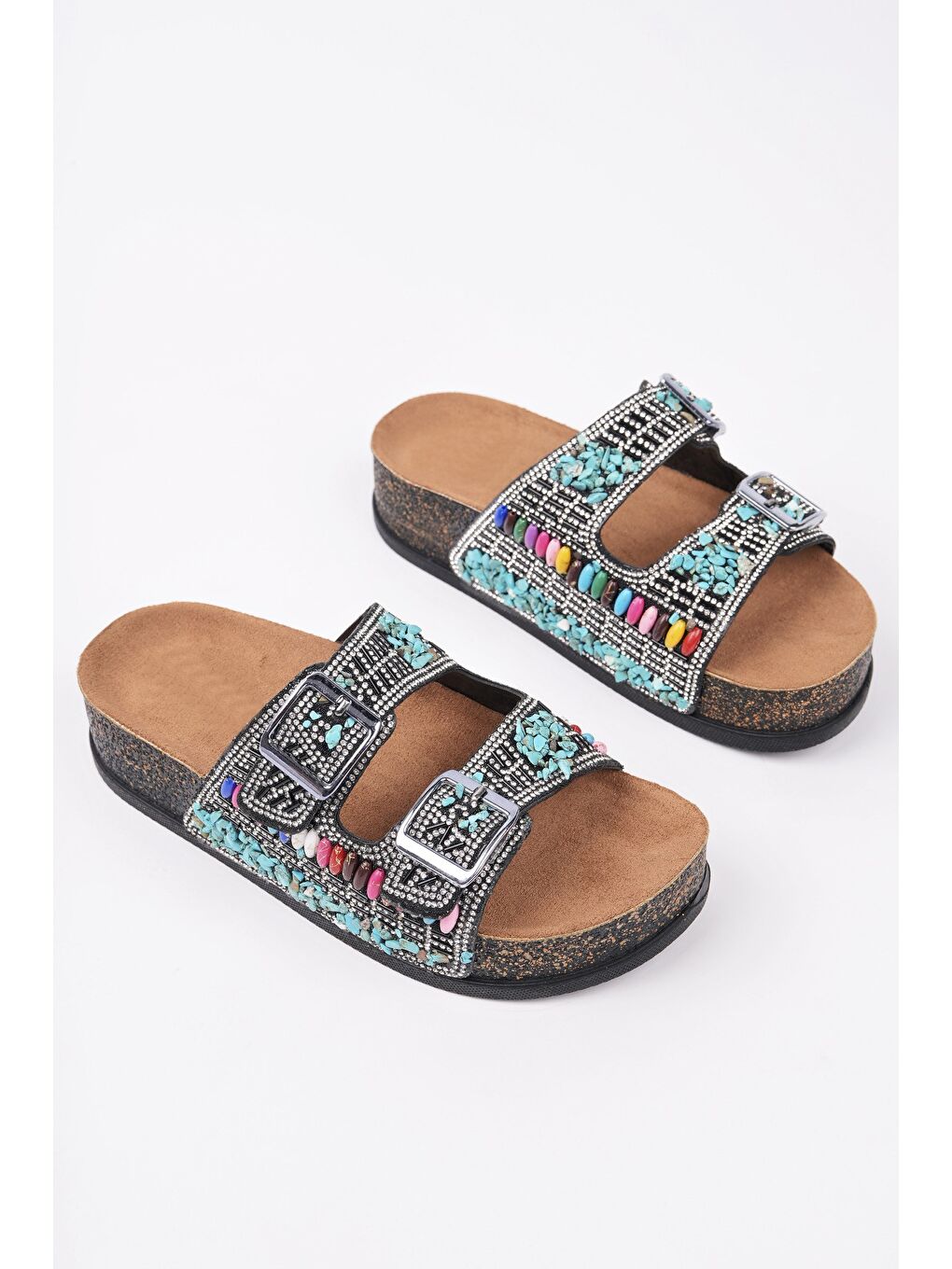 Siyah DELBİN Çift Bantlı Taşlı Ayarlanabilir Kemerli Günlük Kadın Terlik