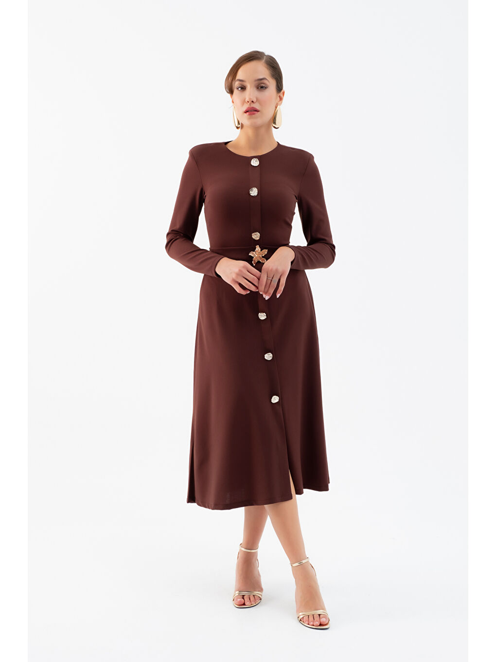 Kadın Kahverengi Uzun Kol Gold Düğmeli Midi Elbise-1