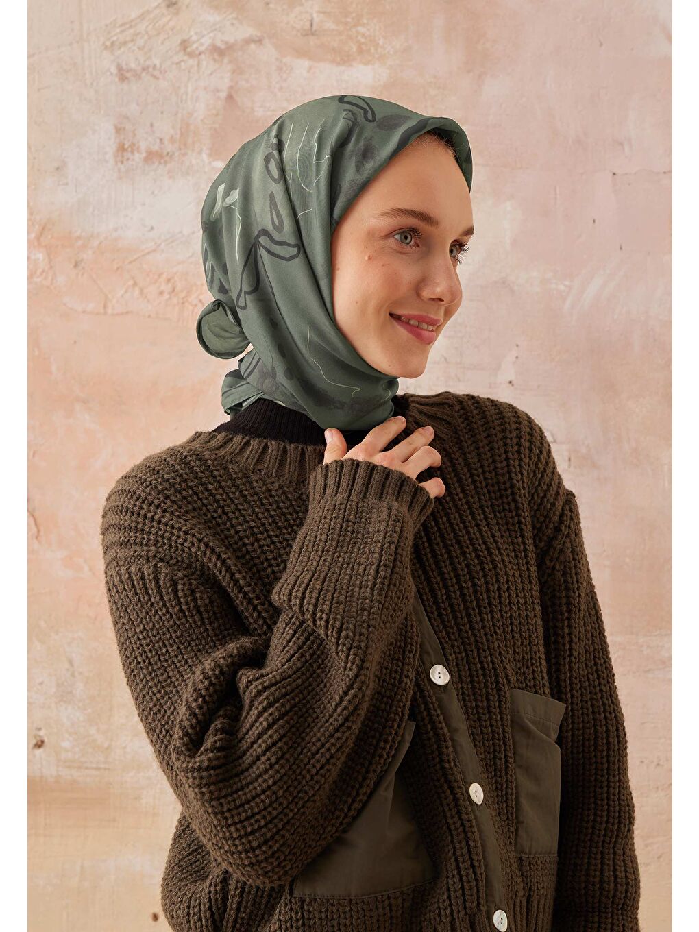 Aura Desen Pamuk İpek Eşarp Orman Yeşili-2