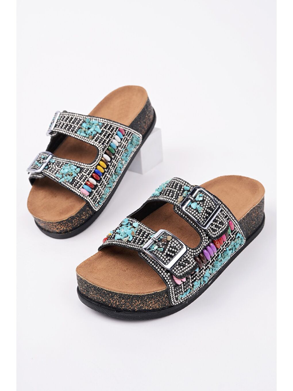 Siyah DELBİN Çift Bantlı Taşlı Ayarlanabilir Kemerli Günlük Kadın Terlik-1