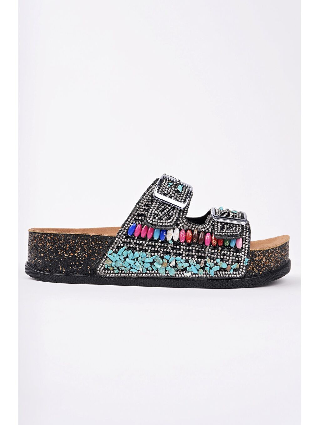 Siyah DELBİN Çift Bantlı Taşlı Ayarlanabilir Kemerli Günlük Kadın Terlik-2