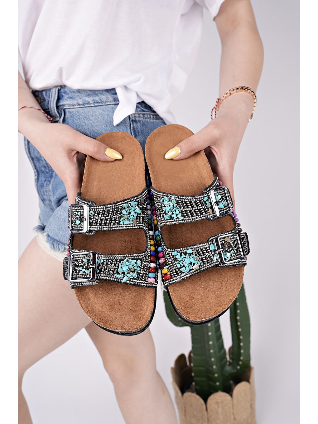 Siyah DELBİN Çift Bantlı Taşlı Ayarlanabilir Kemerli Günlük Kadın Terlik-3