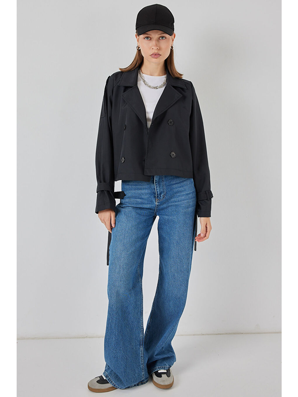 Kadın Kemerli Kısa Trençkot 5970 - Siyah-1