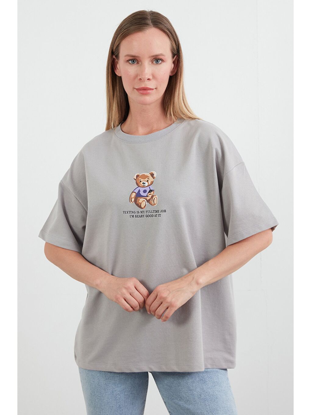 Gri Ayıcık Ve Yazı Baskılı Oversize Tişört-2