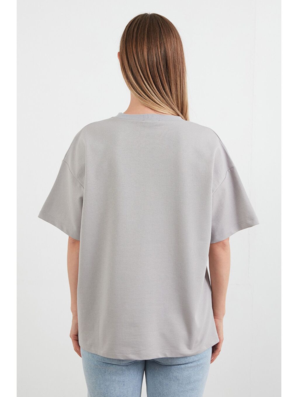 Gri Ayıcık Ve Yazı Baskılı Oversize Tişört-3