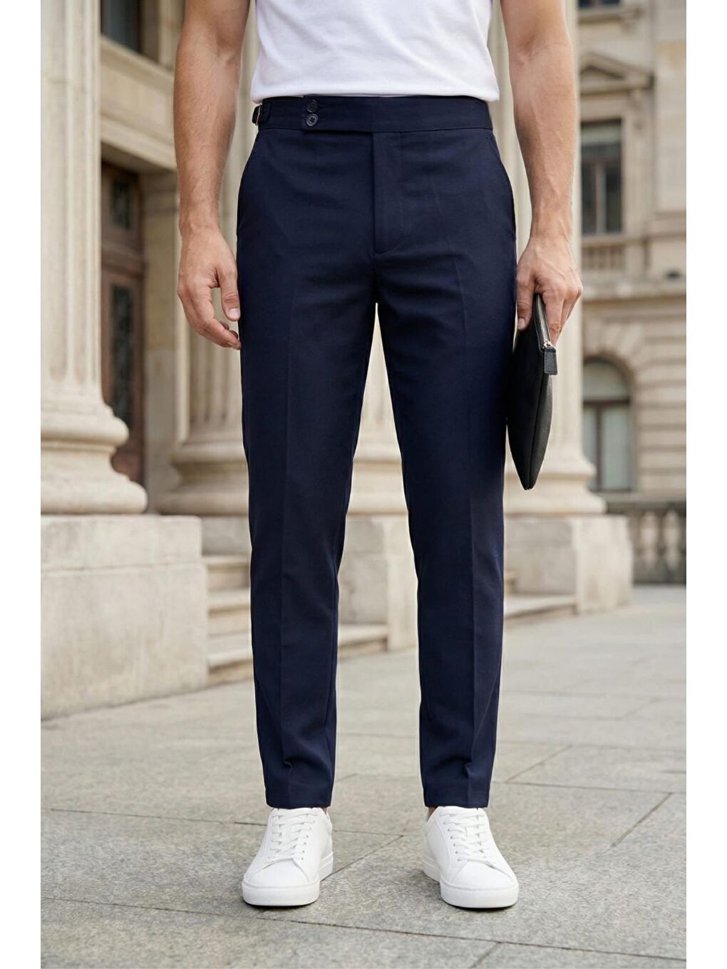 Lacivert Gurkha Stil Yan Ayarlı Metal Tokalı Slim Fit Erkek Kumaş Pantolon Özel Kesim Kruvaze Bel-1