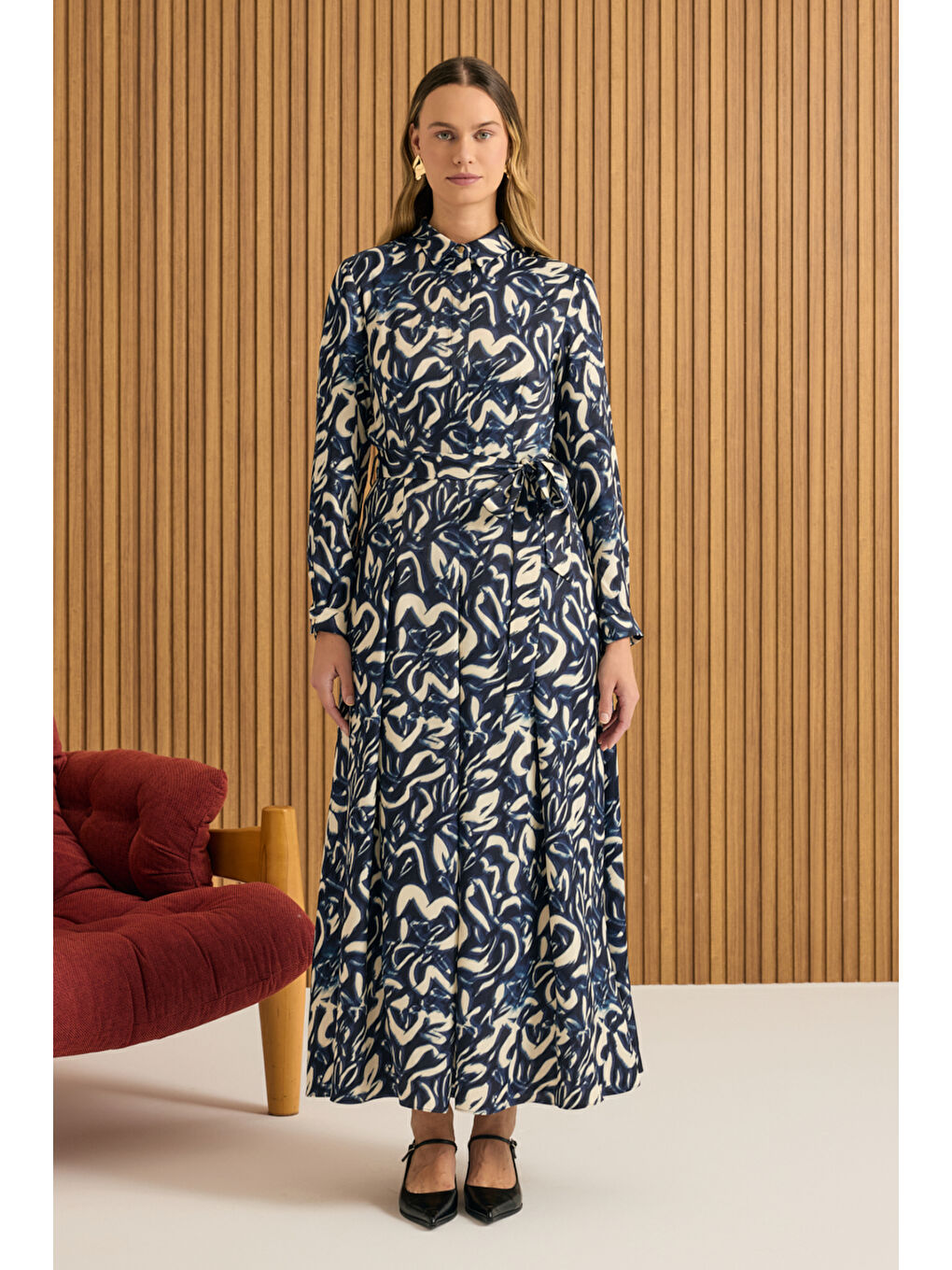 Lacivert Desenli Viscon Elbise-2