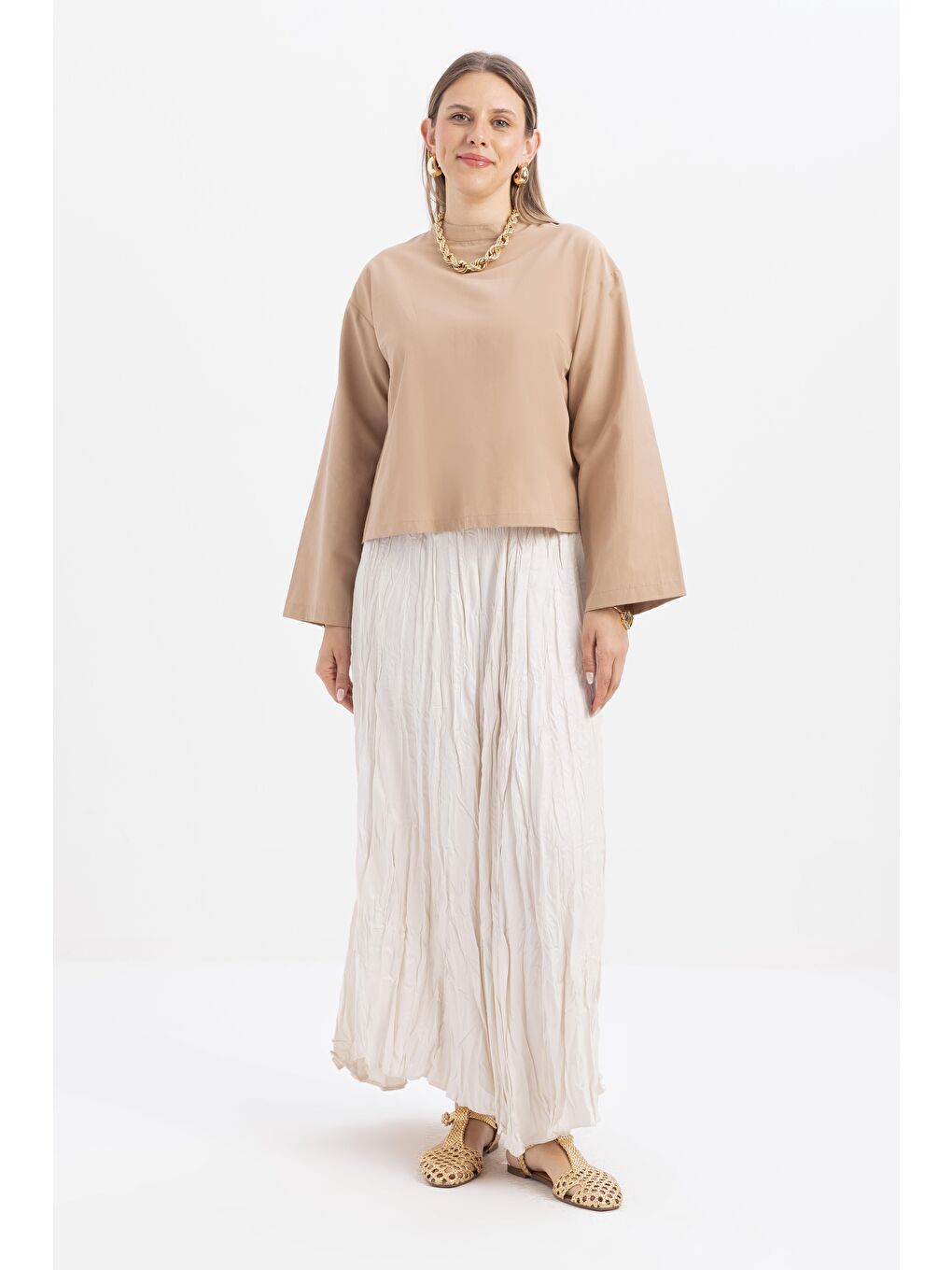 Bej Vizon-Gizli Fermuarlı Yırtmaçlı Bluz-1