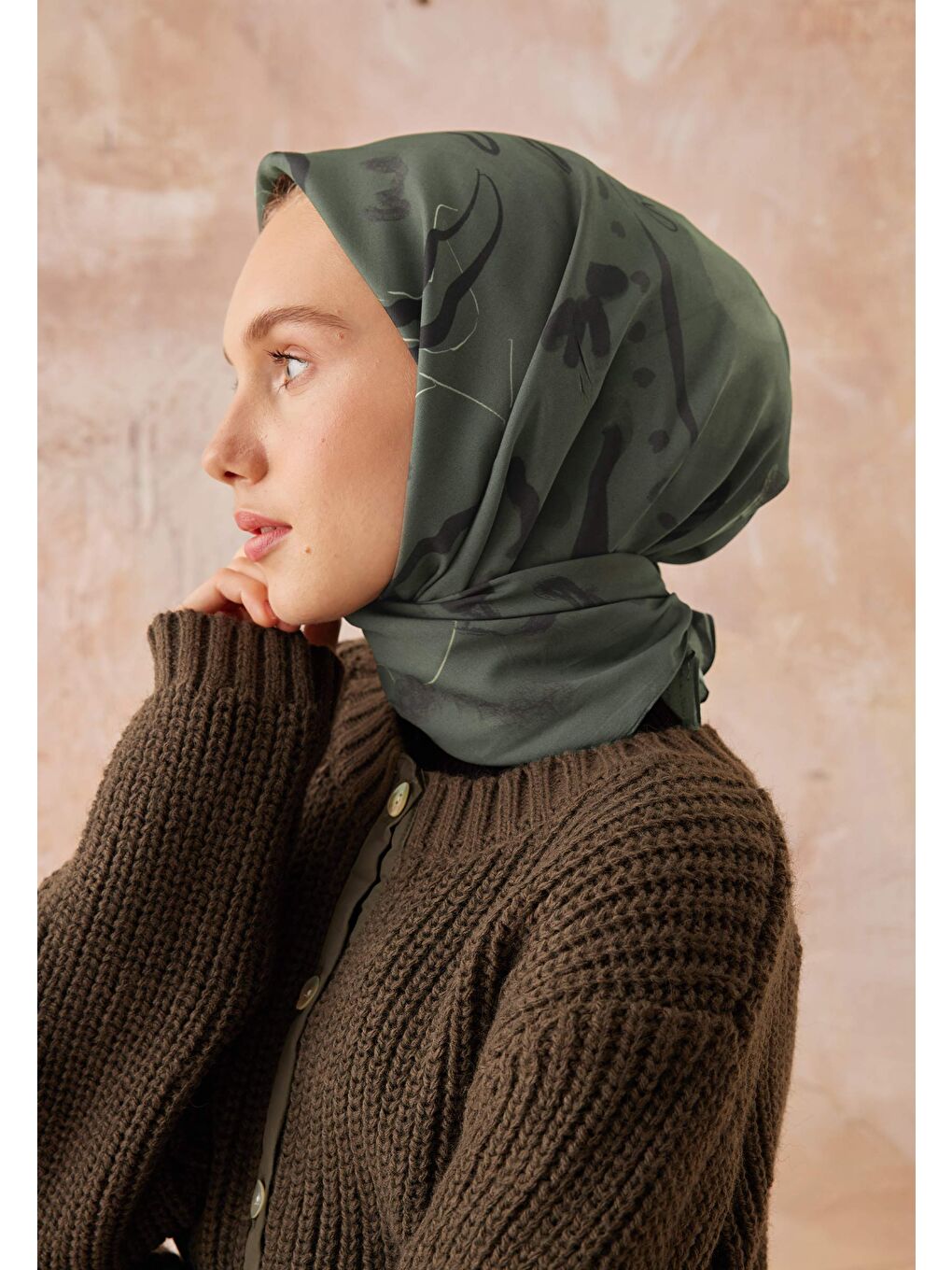 Aura Desen Pamuk İpek Eşarp Orman Yeşili-3