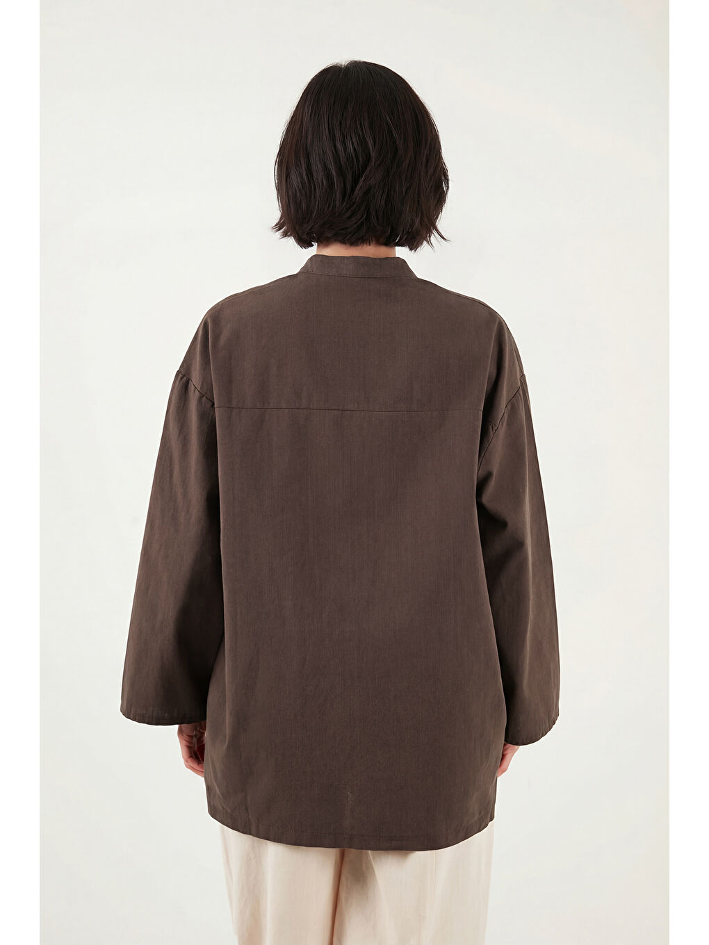 Kahverengi Bağlamalı Hakim Yaka Pamuklu Rahat Bluz 6925480-6