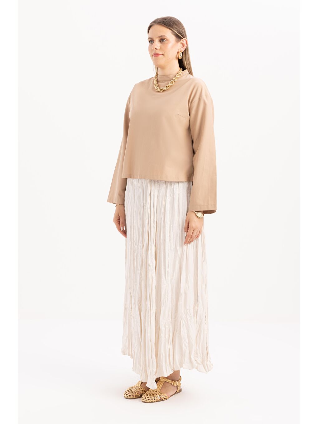 Bej Vizon-Gizli Fermuarlı Yırtmaçlı Bluz-2