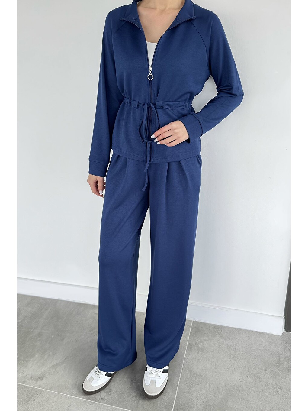 Lacivert Kadın Bel Büzgülü Kemerli Sweat Pantolon İkili Takım