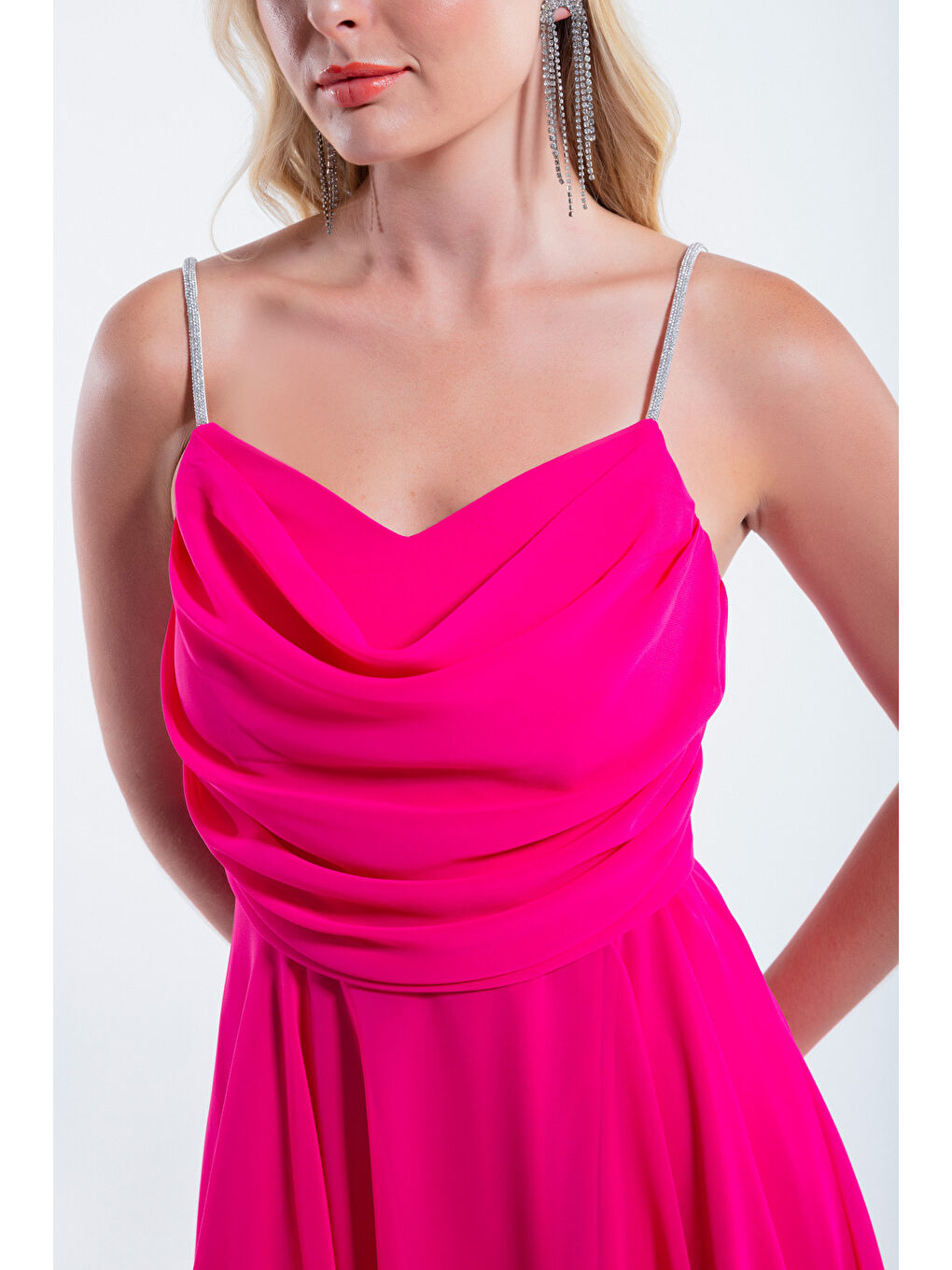 Kadın Fuşya Taş Askılı Midi Abiye Elbise-1