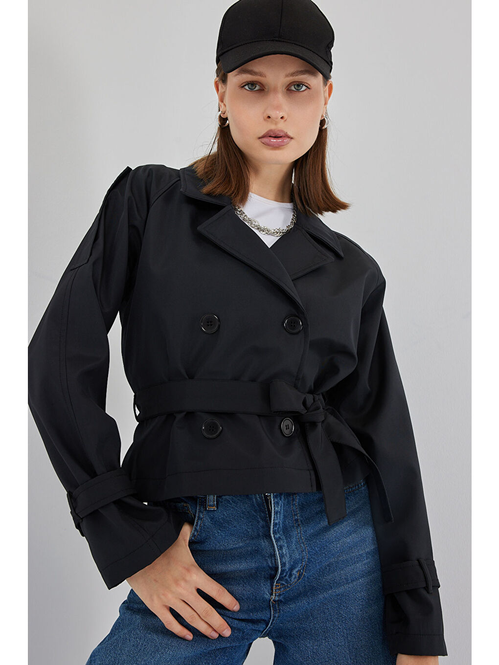 Kadın Kemerli Kısa Trençkot 5970 - Siyah-2