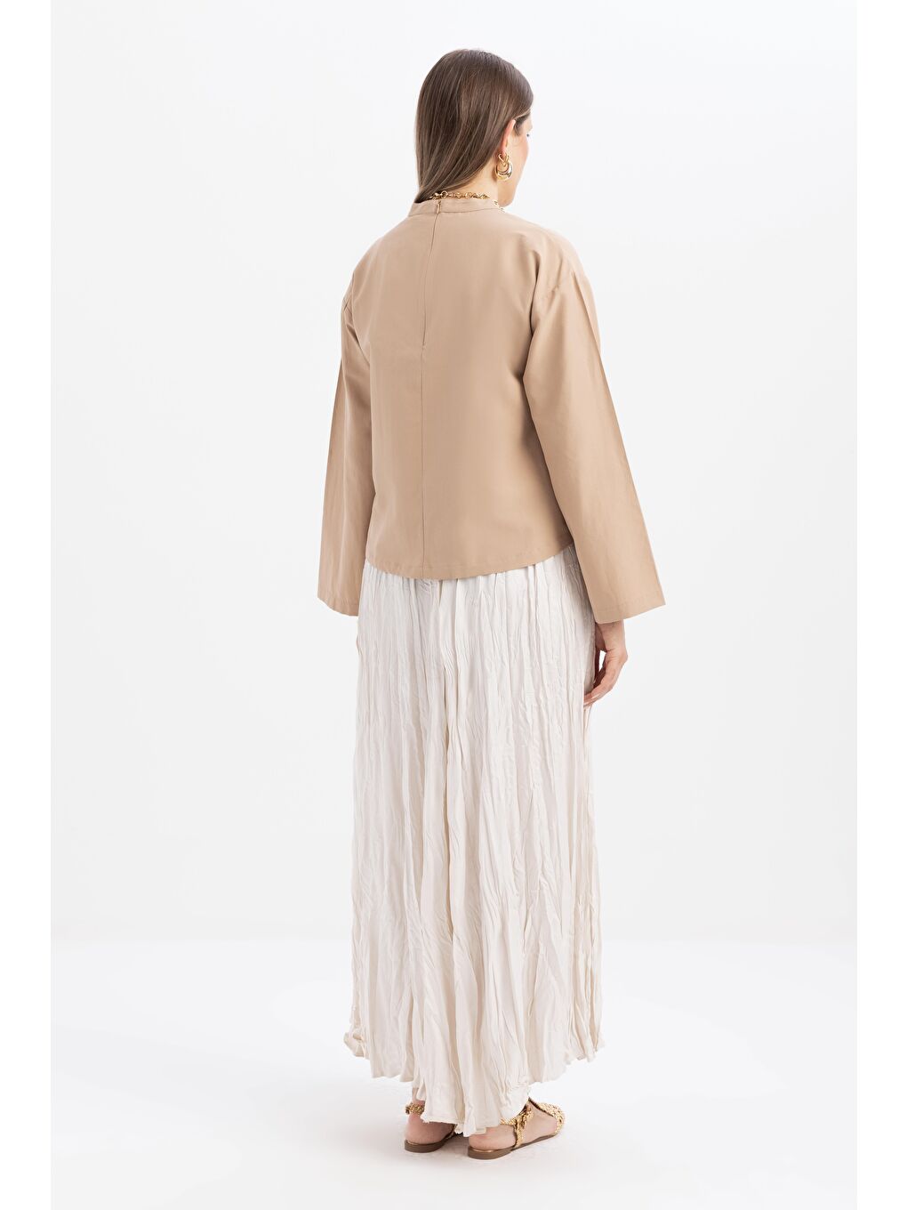 Bej Vizon-Gizli Fermuarlı Yırtmaçlı Bluz-3