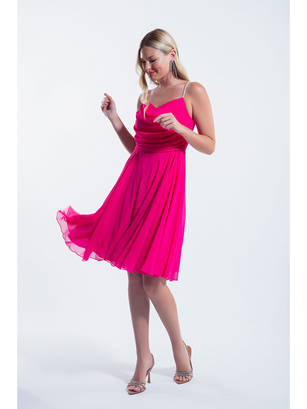 Kadın Fuşya Taş Askılı Midi Abiye Elbise-2