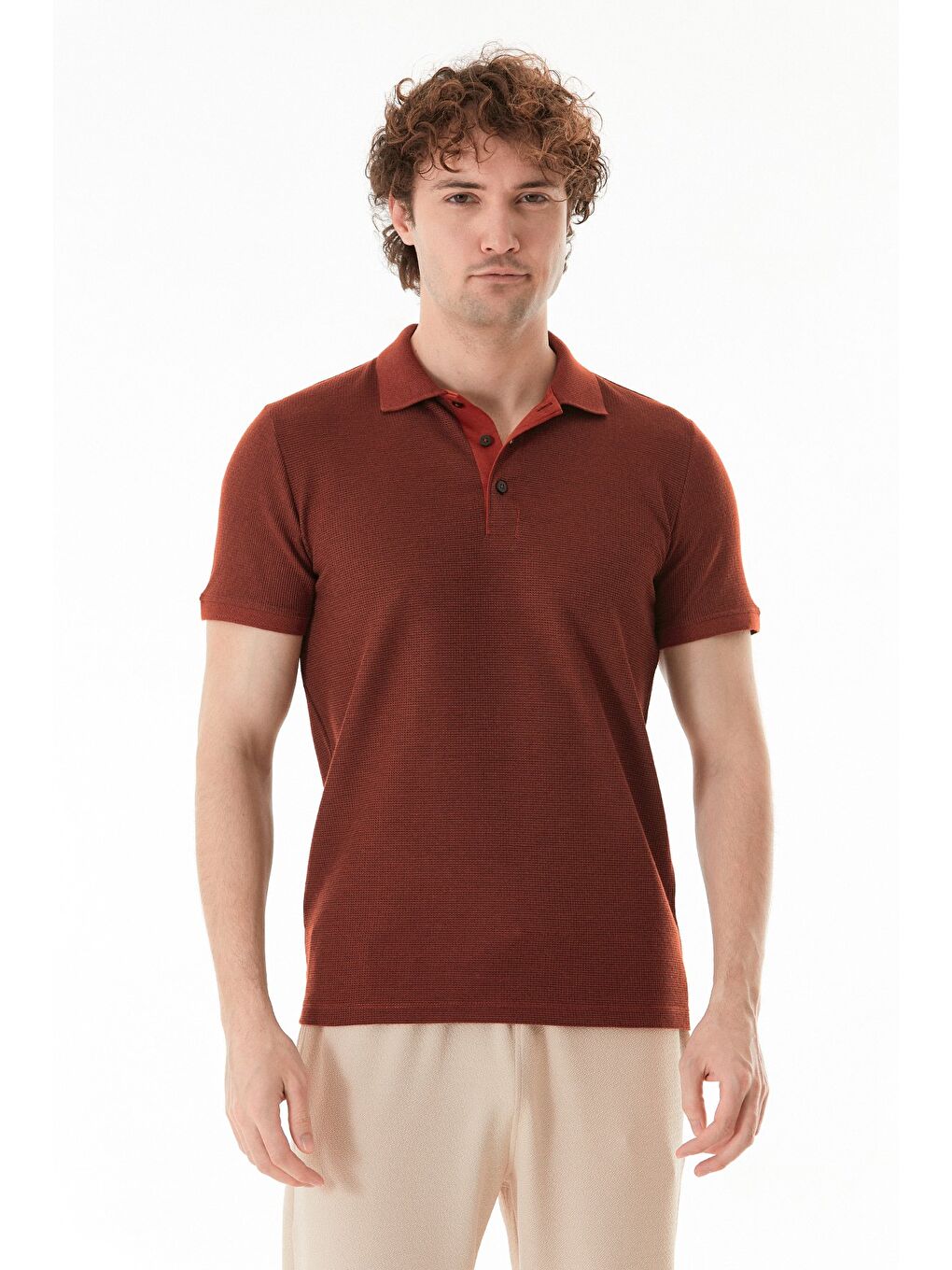 Kırmızı Waffle Kumaş Slim Fit Polo Yaka Tişört