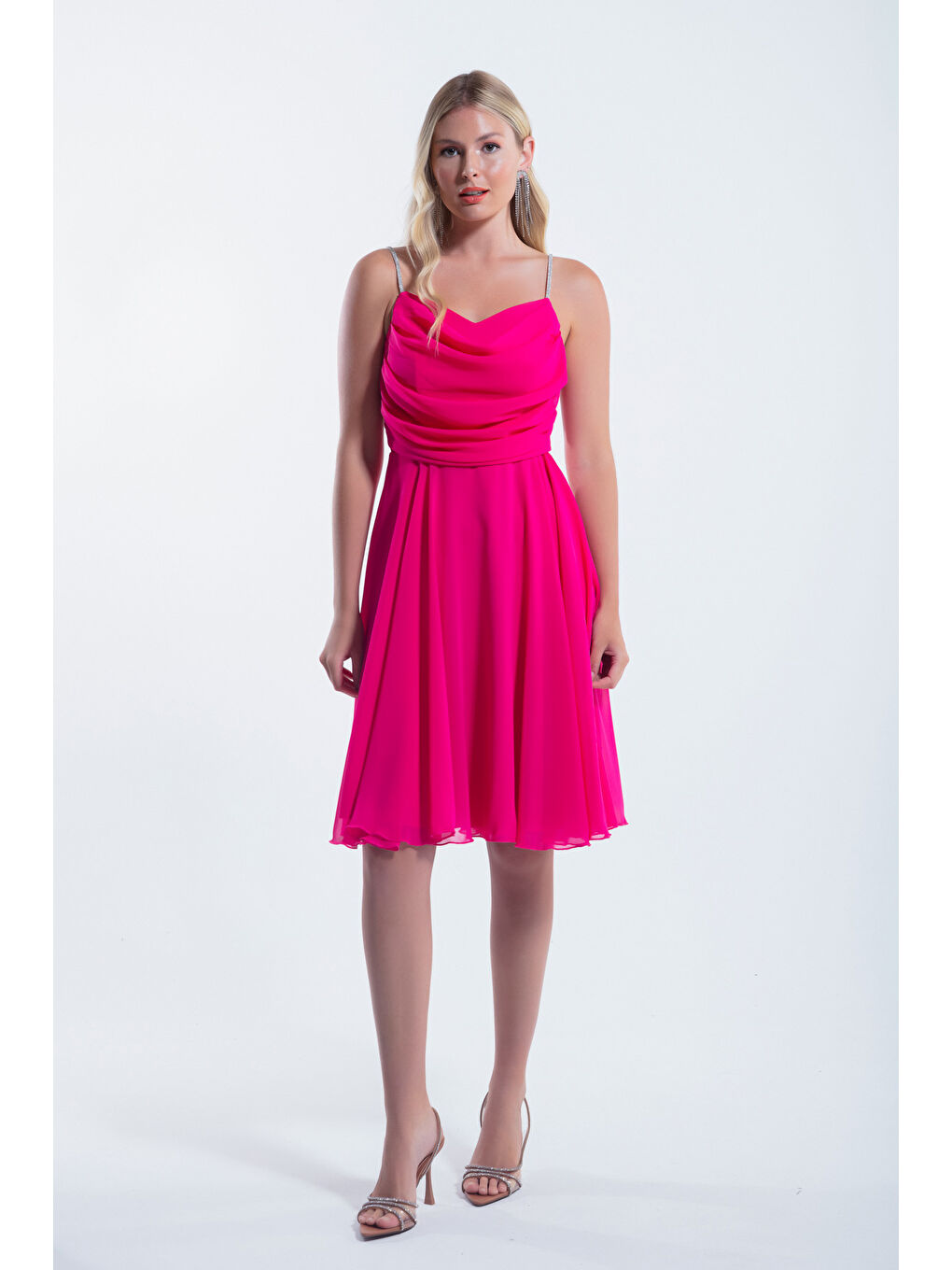 Kadın Fuşya Taş Askılı Midi Abiye Elbise-3