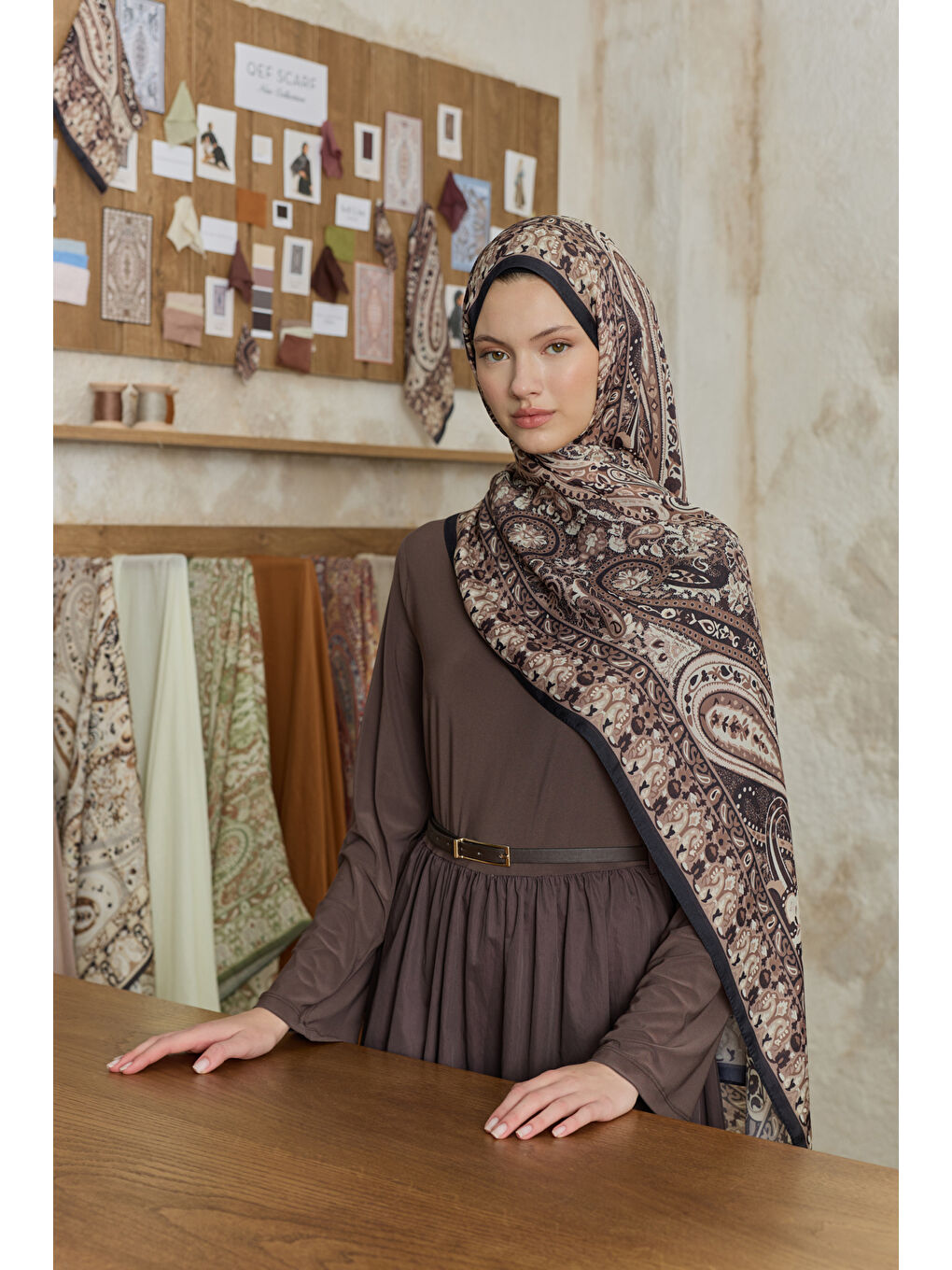 Kahverengi Cupra Prive Desenli Şal Saga Çikolata Kahve-4