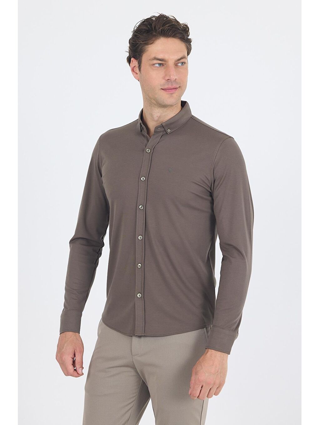 Koyu Haki İtalyan Düğmeli Yaka Uzunkol Cepsiz Slim Fit Gömlek 1004250254
