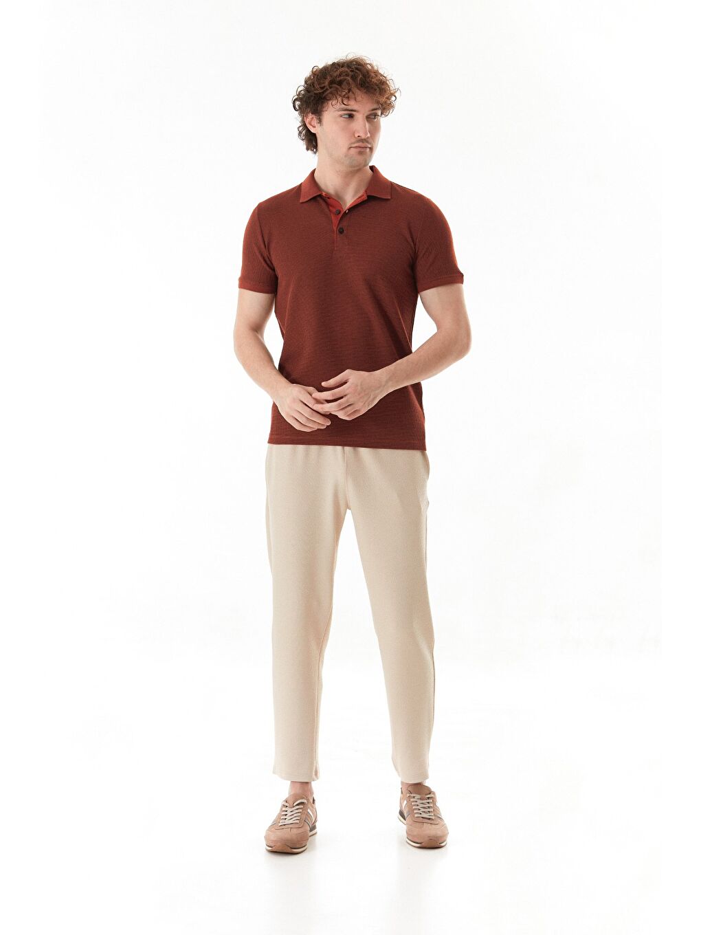 Kırmızı Waffle Kumaş Slim Fit Polo Yaka Tişört-1