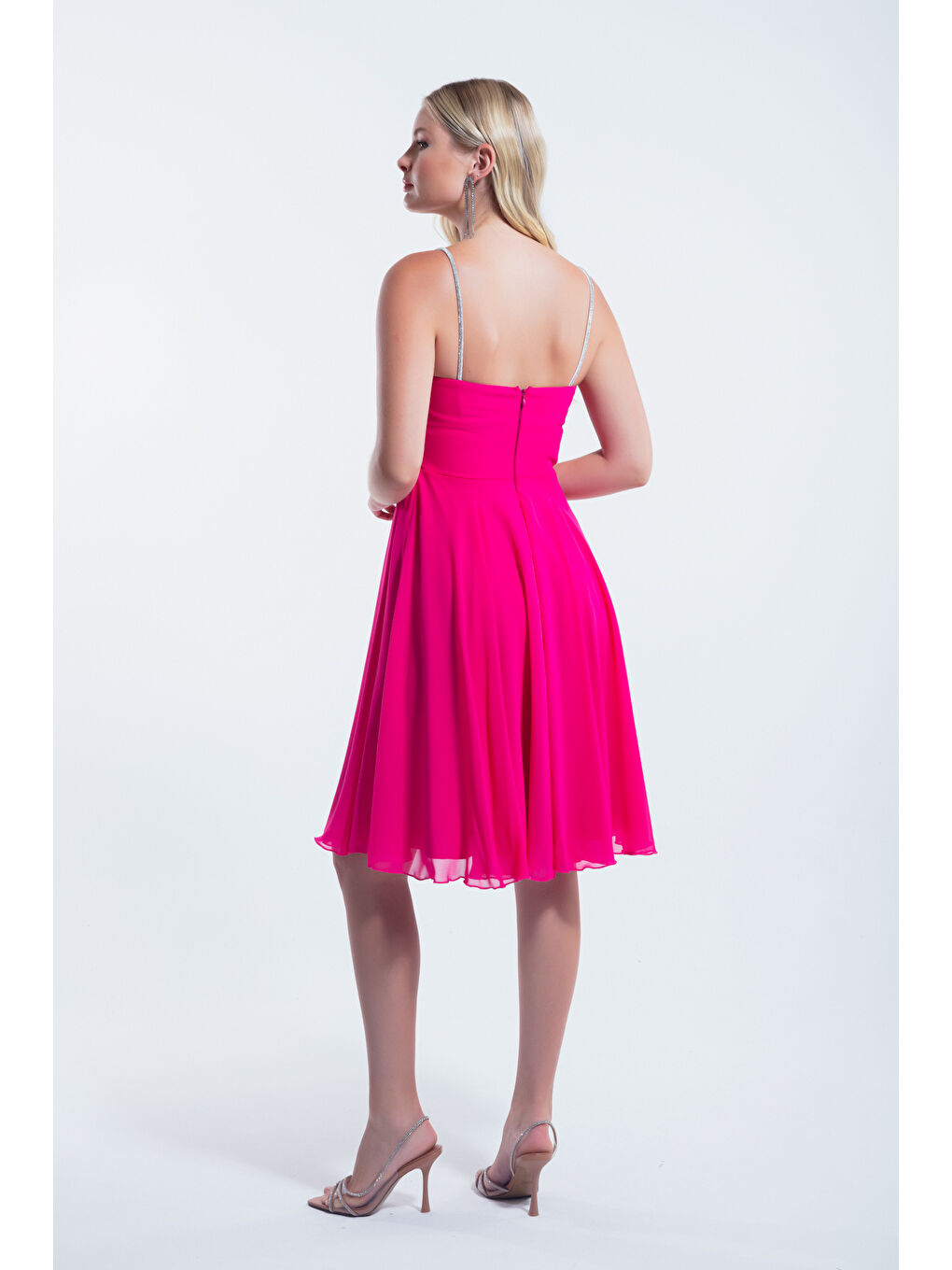 Kadın Fuşya Taş Askılı Midi Abiye Elbise-4