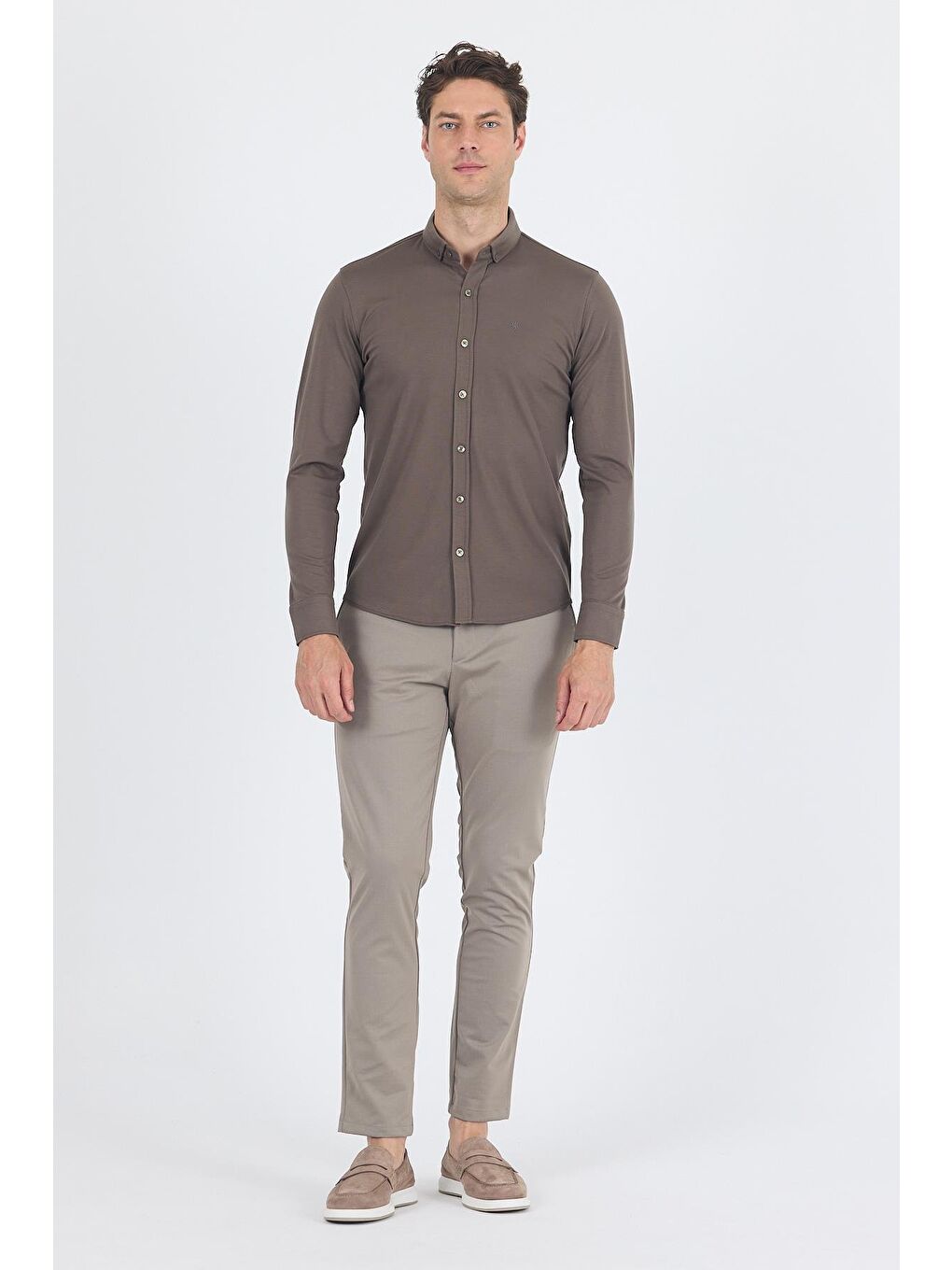 Koyu Haki İtalyan Düğmeli Yaka Uzunkol Cepsiz Slim Fit Gömlek 1004250254-1