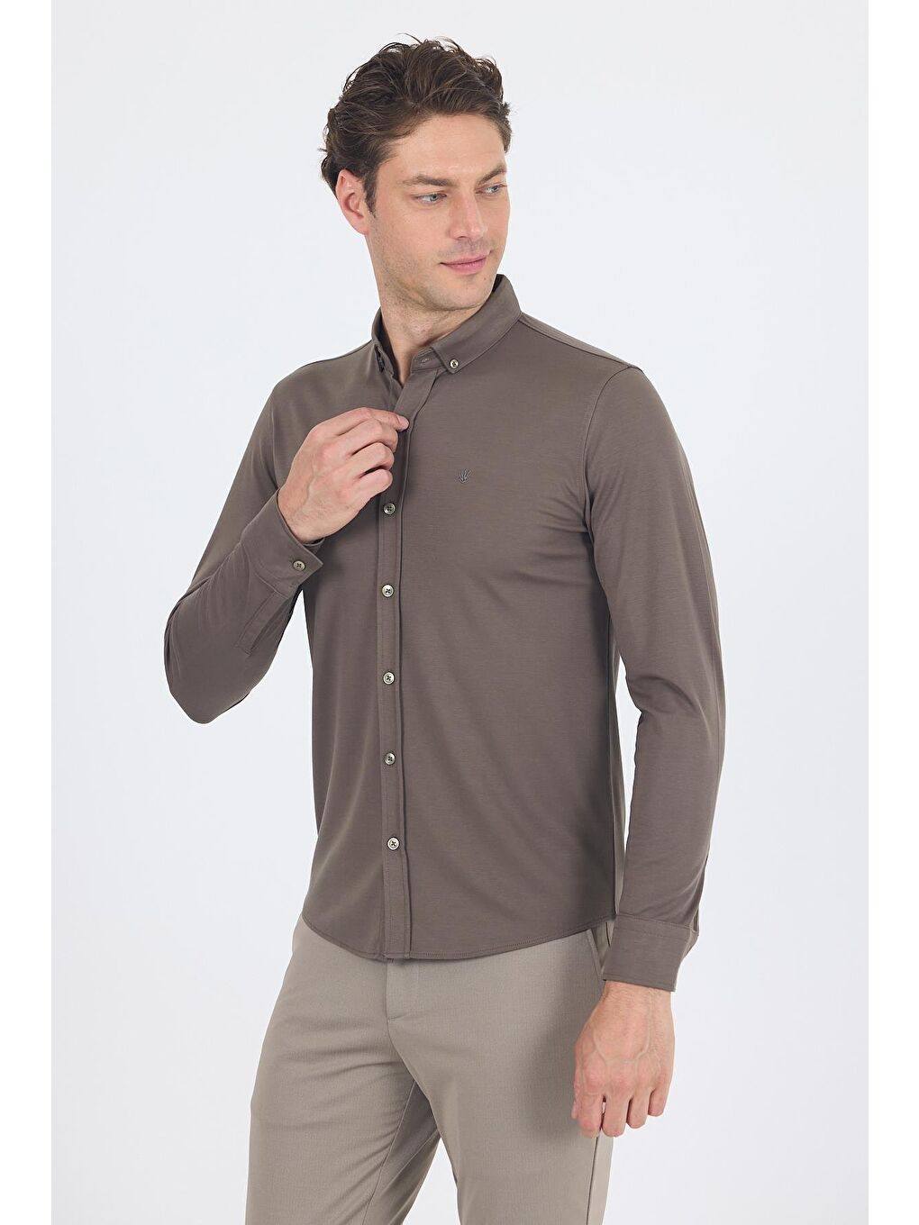 Koyu Haki İtalyan Düğmeli Yaka Uzunkol Cepsiz Slim Fit Gömlek 1004250254-2