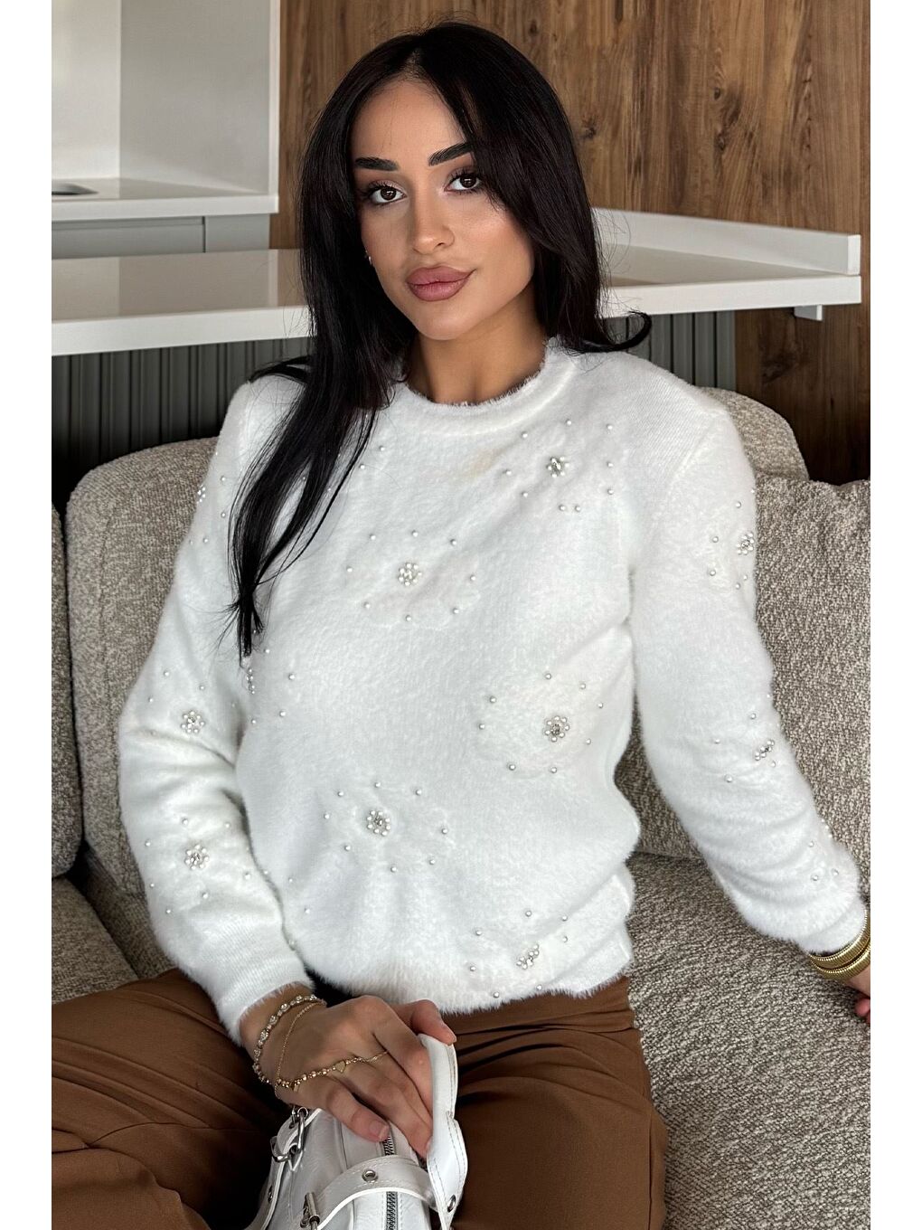 Ekru Kadın Çiçek Baskılı Taşlı Sakallı Triko Kazak (s-m-l Beden Uyumludur.)