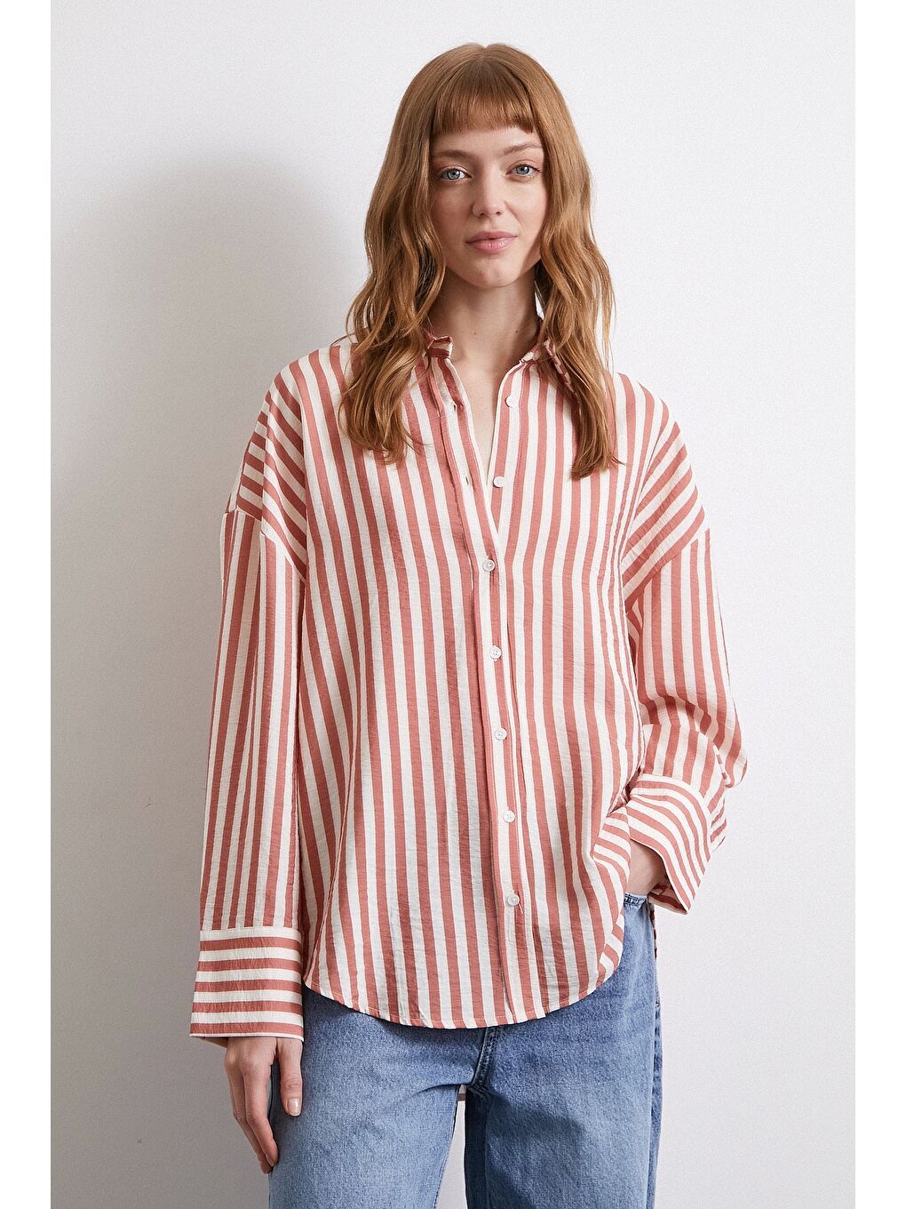 Kahverengi Çizgili T Kol Gömlek Kiremit-1