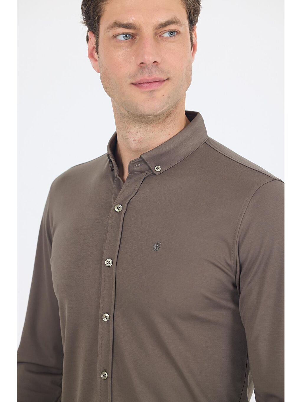 Koyu Haki İtalyan Düğmeli Yaka Uzunkol Cepsiz Slim Fit Gömlek 1004250254-3