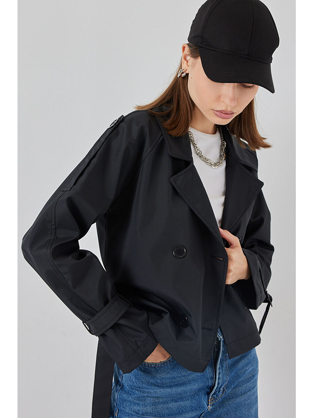 Kadın Kemerli Kısa Trençkot 5970 - Siyah-3