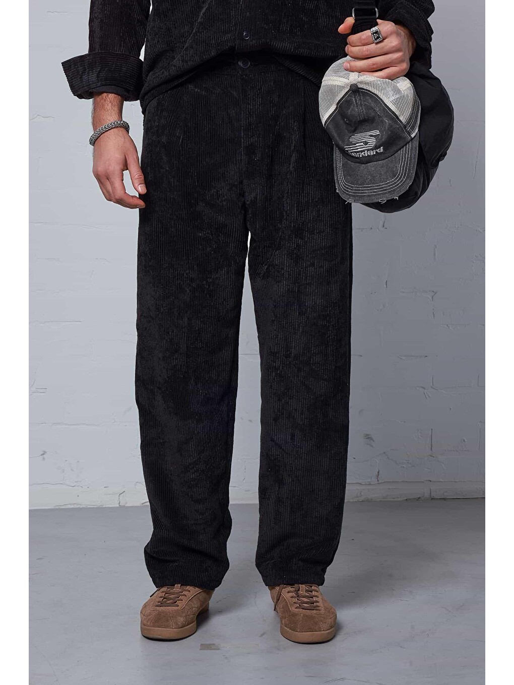 Erkek Kadife Dokulu Baggy Fit Pantolon Siyah