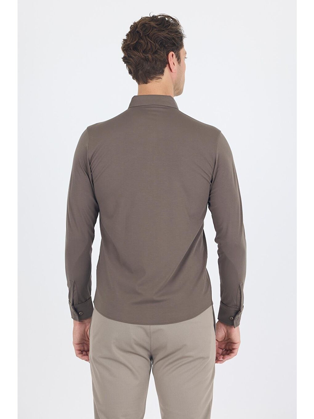 Koyu Haki İtalyan Düğmeli Yaka Uzunkol Cepsiz Slim Fit Gömlek 1004250254-4