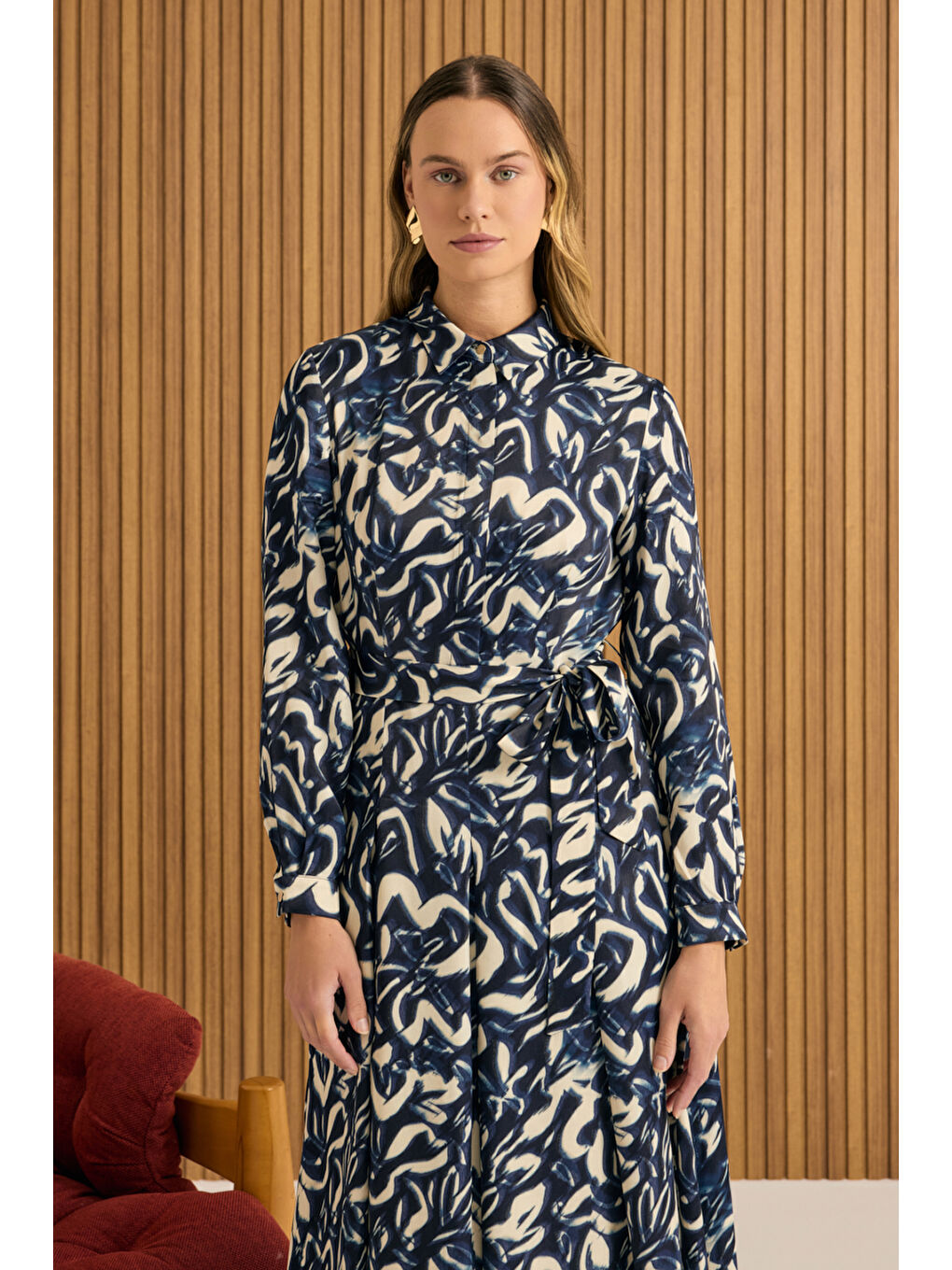 Lacivert Desenli Viscon Elbise-4