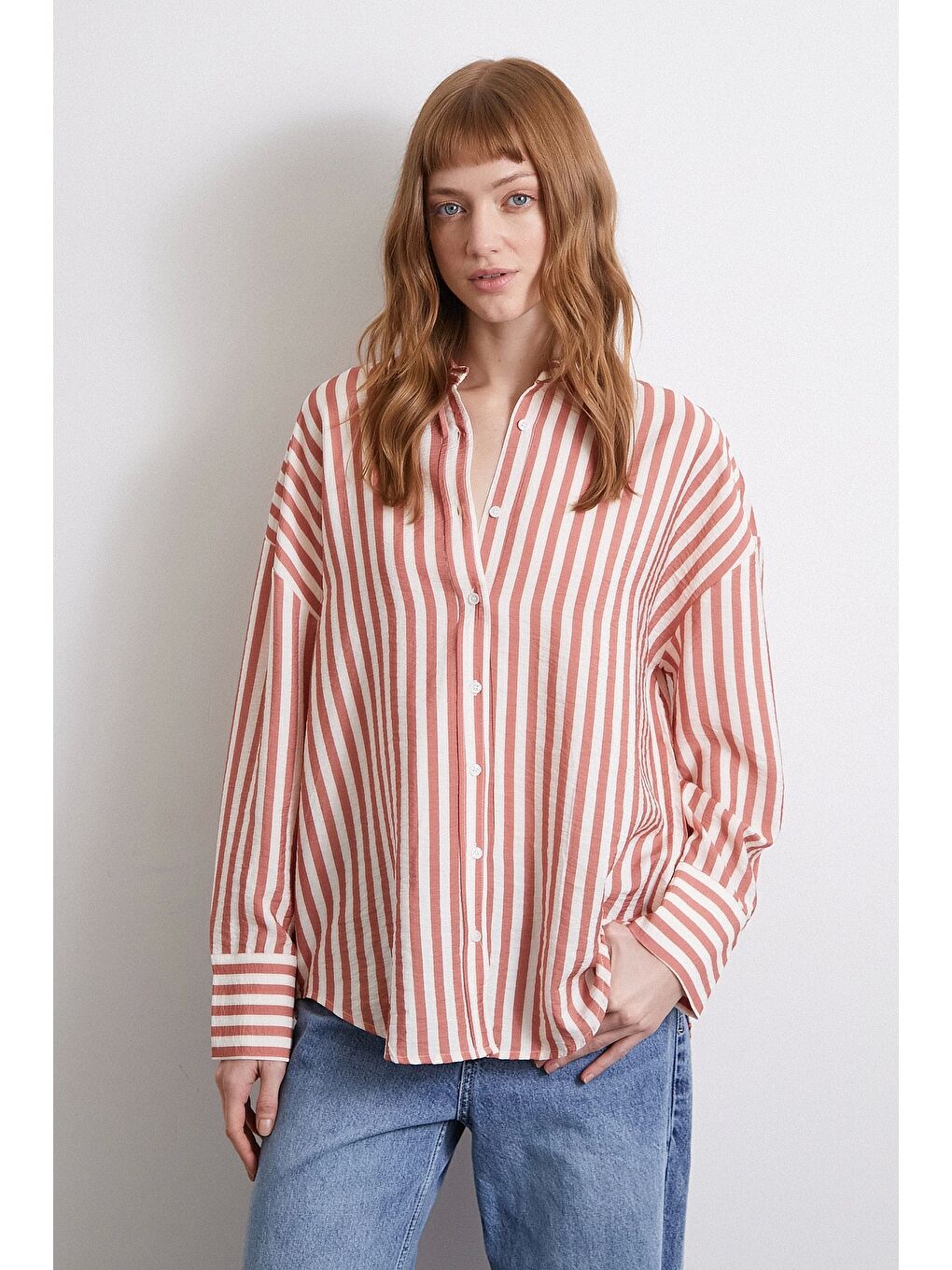 Kahverengi Çizgili T Kol Gömlek Kiremit-2