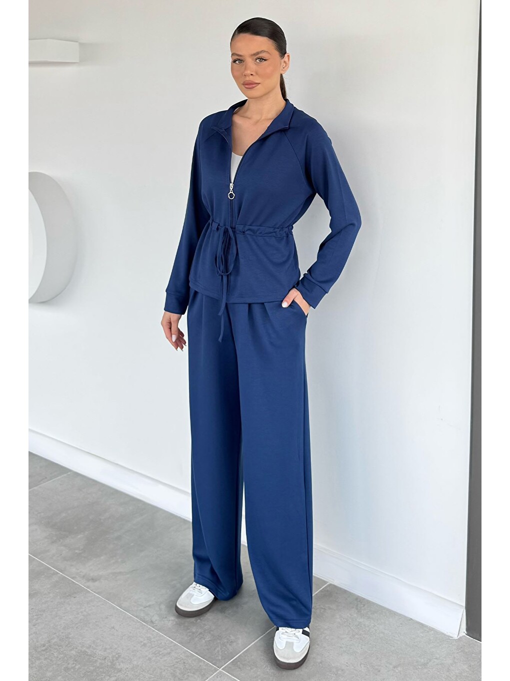 Lacivert Kadın Bel Büzgülü Kemerli Sweat Pantolon İkili Takım-1