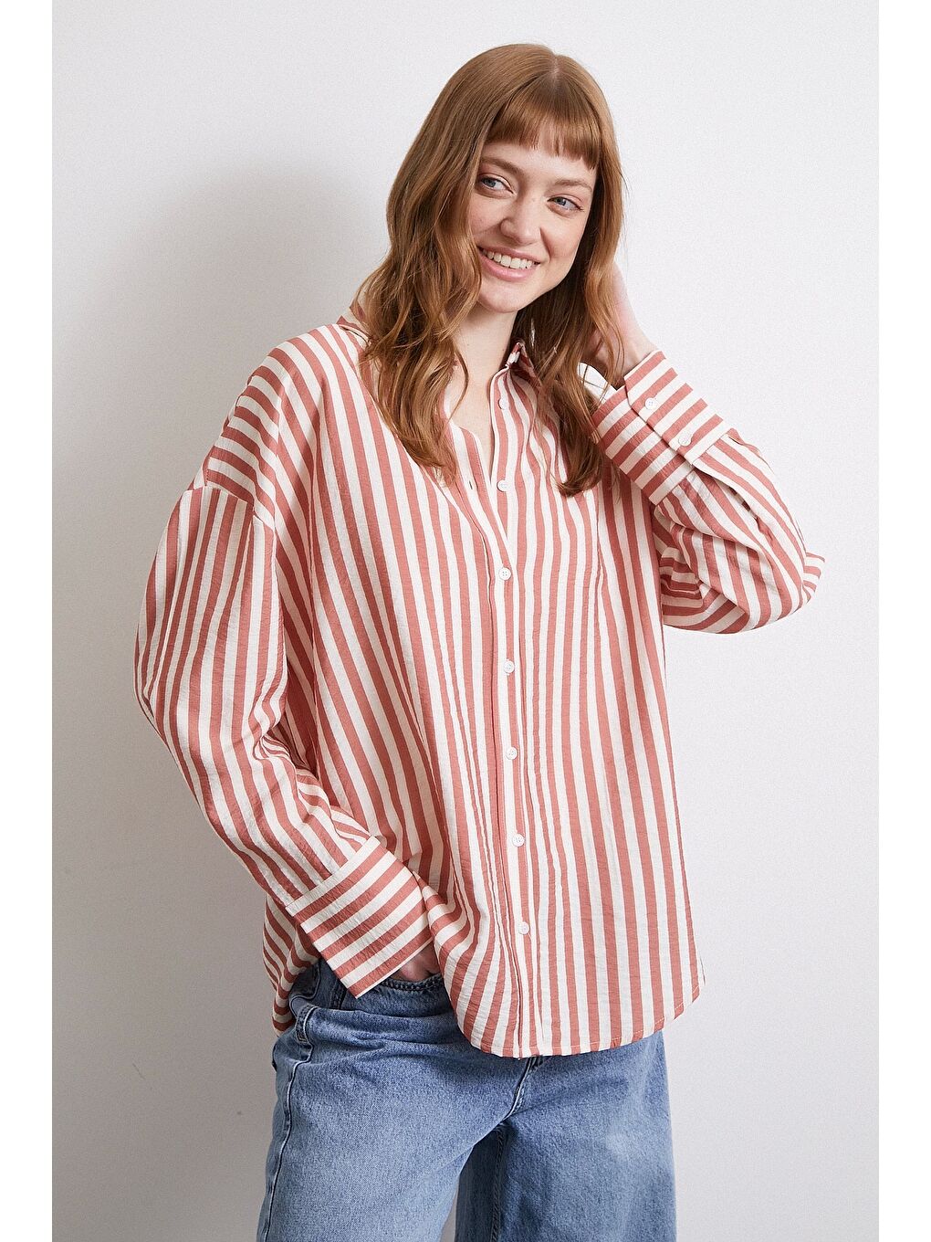 Kahverengi Çizgili T Kol Gömlek Kiremit-3