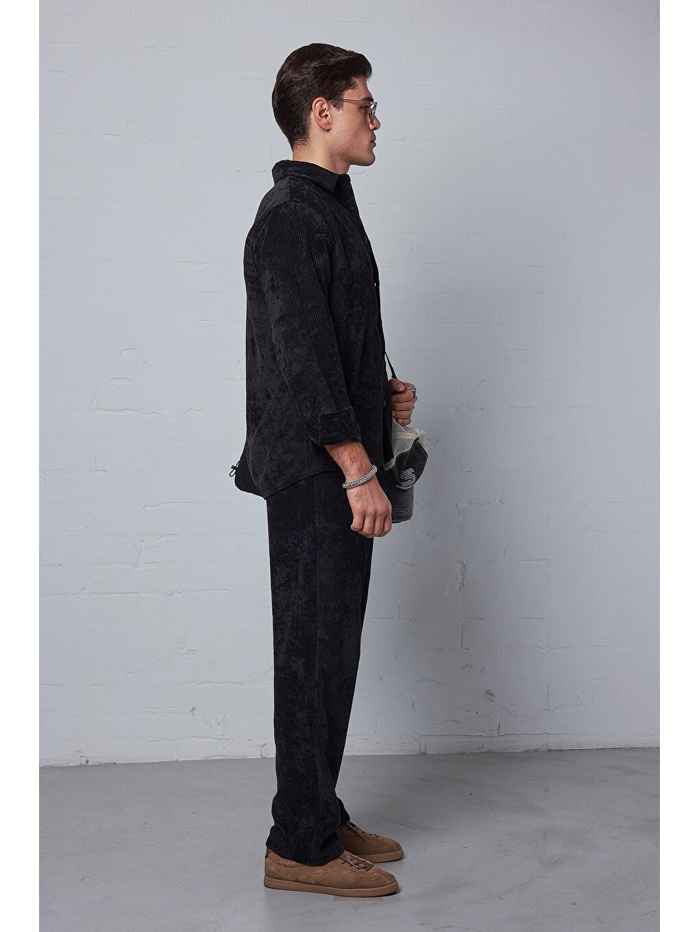 Erkek Kadife Dokulu Baggy Fit Pantolon Siyah-3