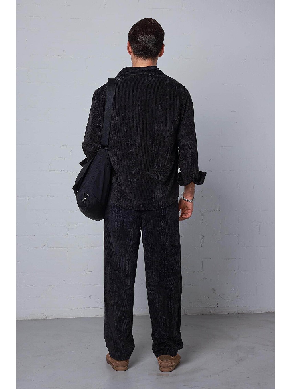 Erkek Kadife Dokulu Baggy Fit Pantolon Siyah-4