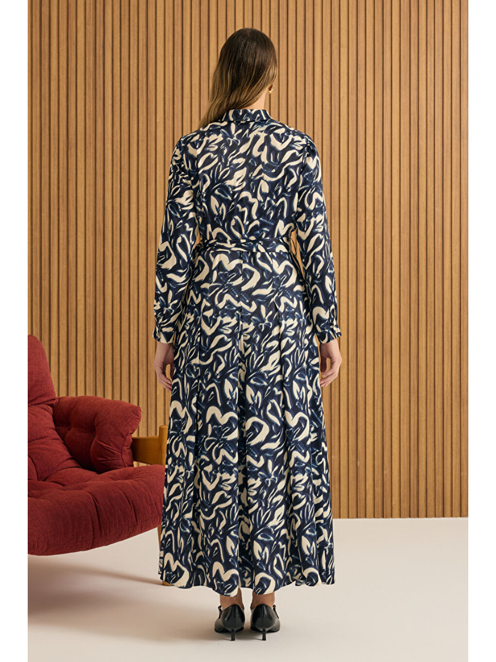 Lacivert Desenli Viscon Elbise-5