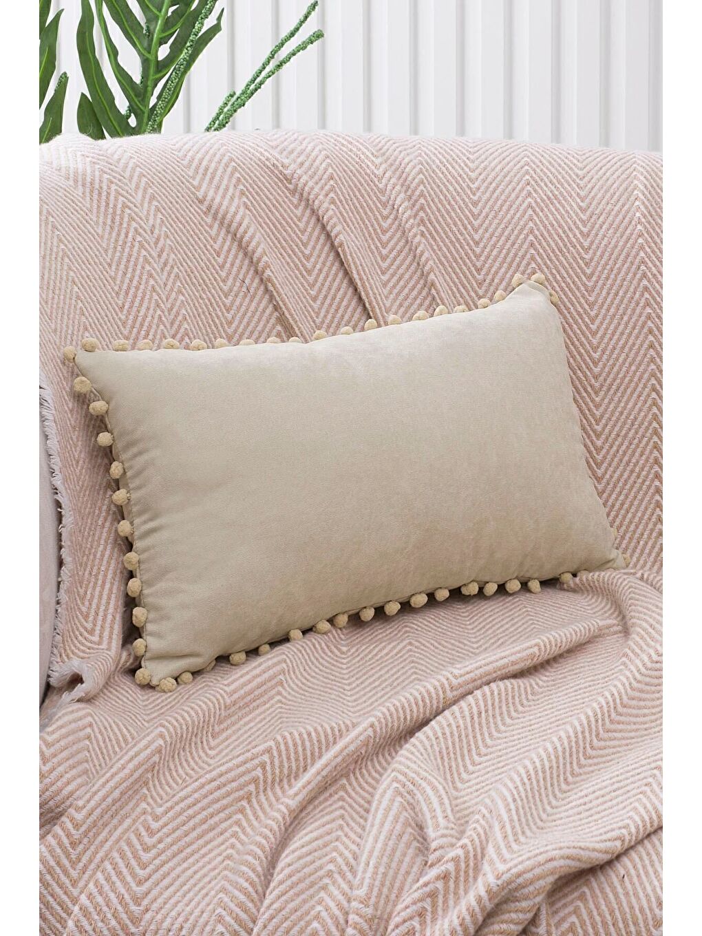 Ekru Renk Ve Ölçü Seçenekli Krem Ponponlu Kırlent Kılıfı Dekoratif Düz Sade Punch Panoroma