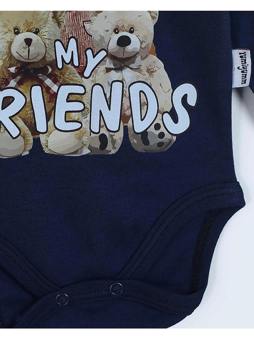 Lacivert Uzun Kollu My Friends Ayıcık Baskılı %100 Pamuk Çıtçıtlı Body-1