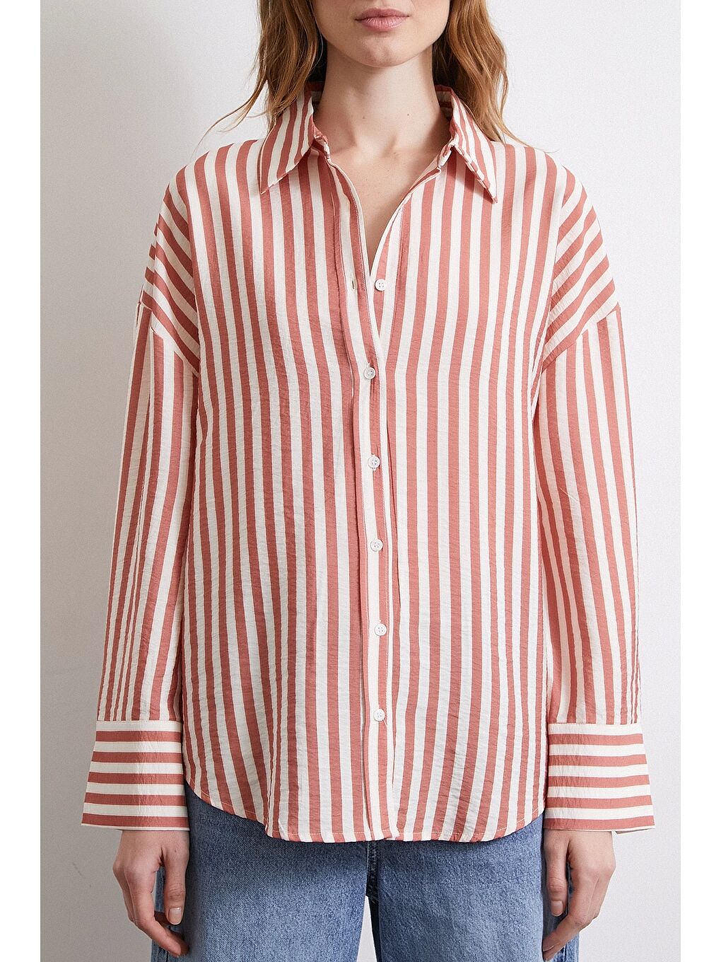 Kahverengi Çizgili T Kol Gömlek Kiremit-4