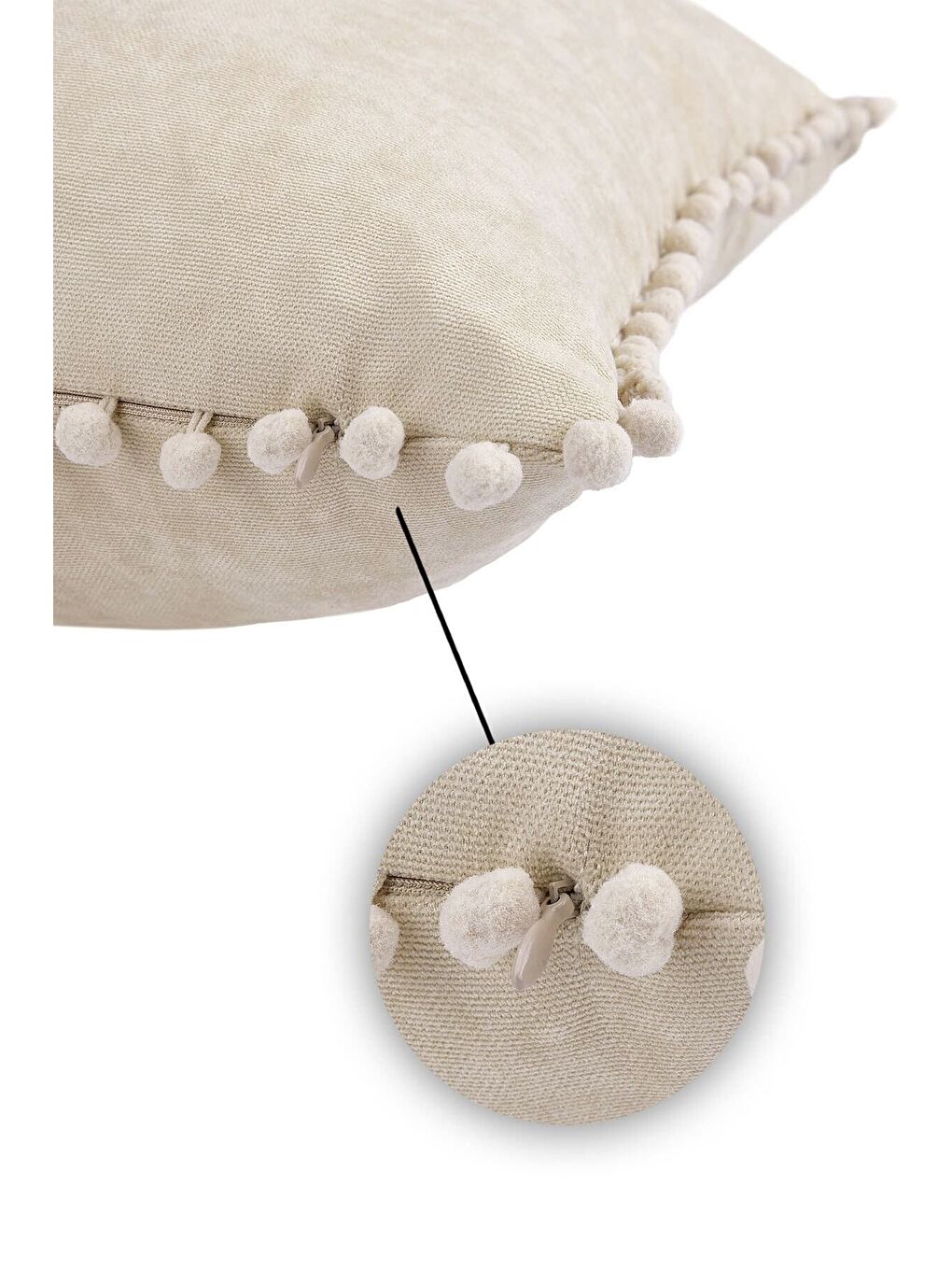 Ekru Renk Ve Ölçü Seçenekli Krem Ponponlu Kırlent Kılıfı Dekoratif Düz Sade Punch Panoroma-3