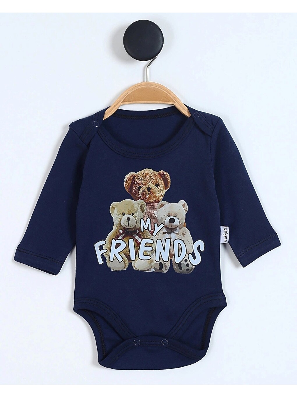 Lacivert Uzun Kollu My Friends Ayıcık Baskılı %100 Pamuk Çıtçıtlı Body-3