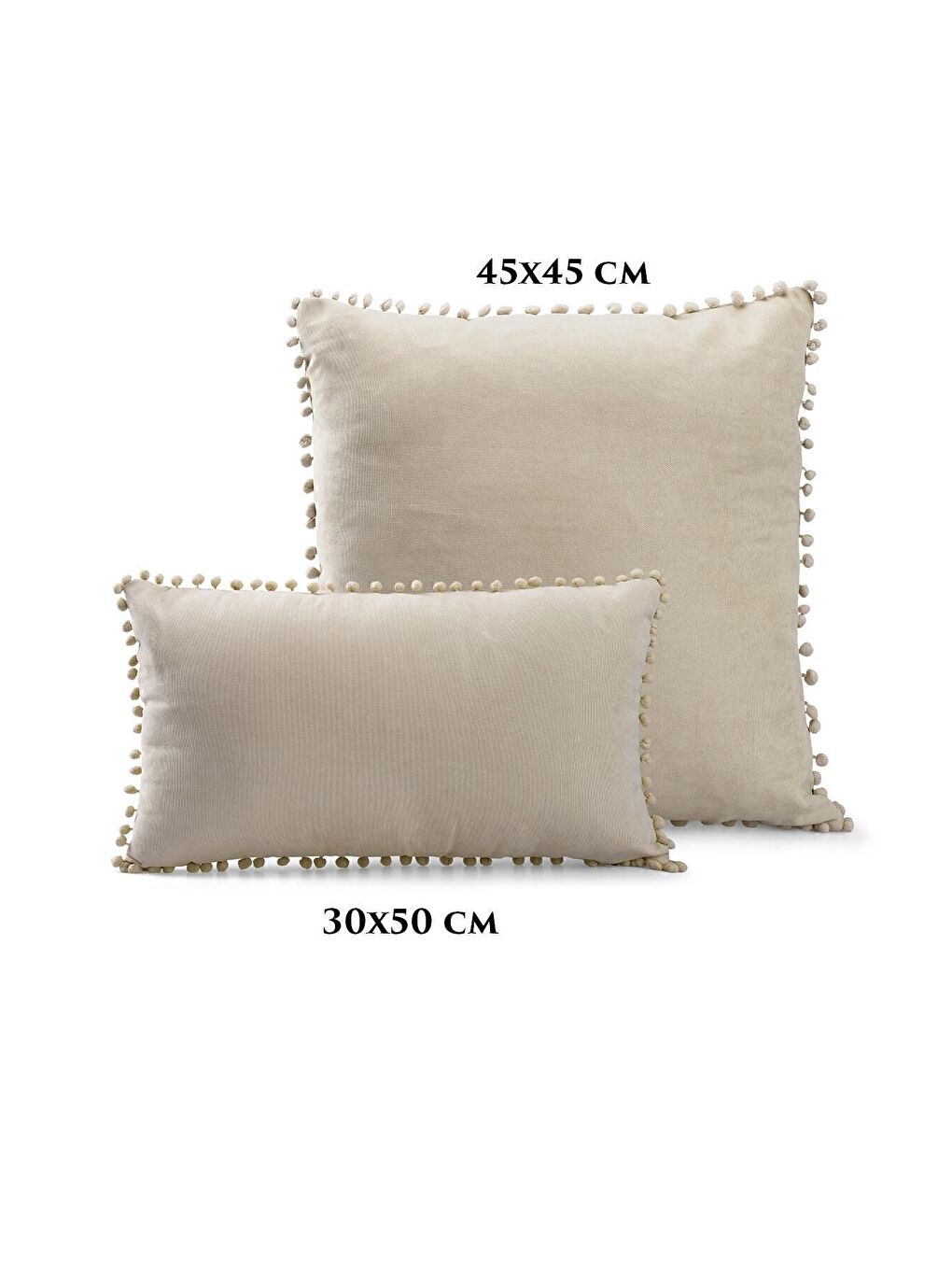 Ekru Renk Ve Ölçü Seçenekli Krem Ponponlu Kırlent Kılıfı Dekoratif Düz Sade Punch Panoroma-4